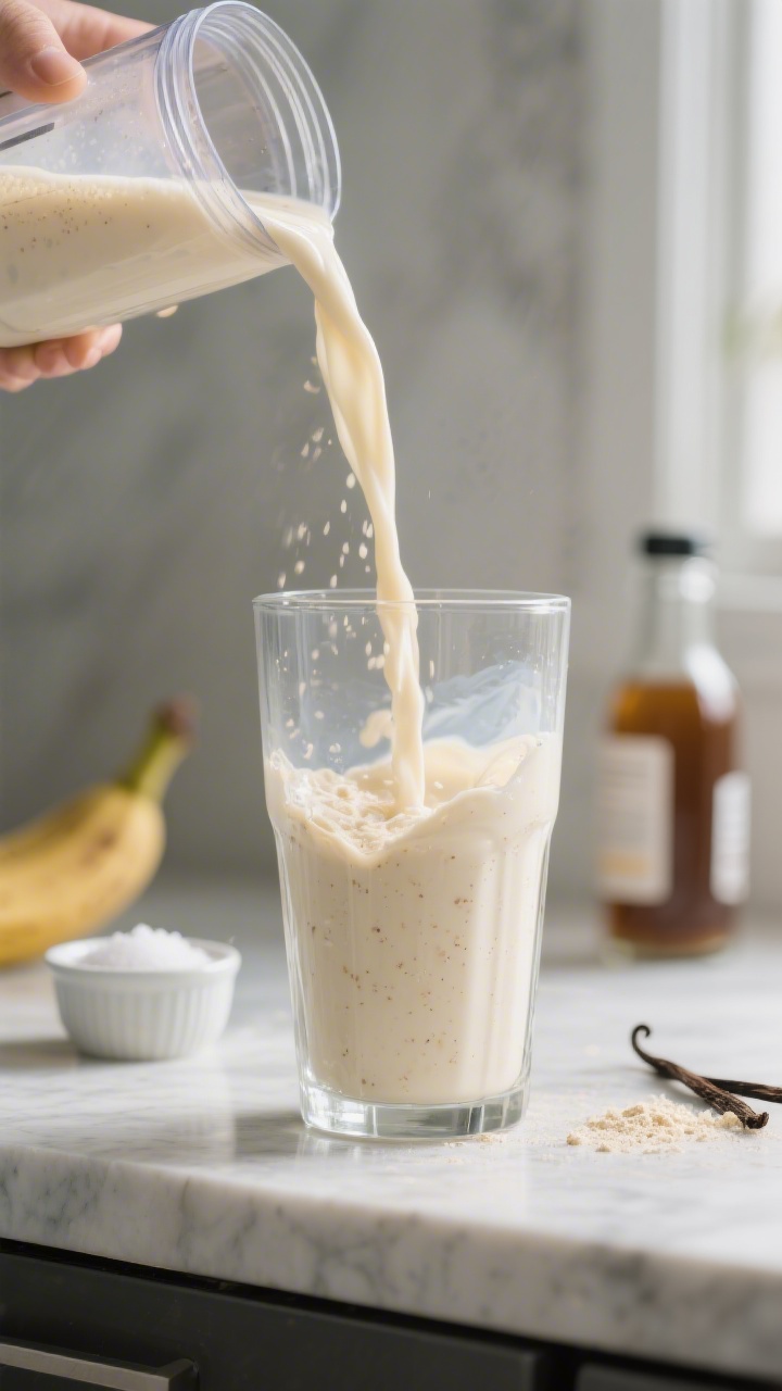Close-up, process action shot of the shake mid-blend pour: creamy, pale vanilla shake cascading from