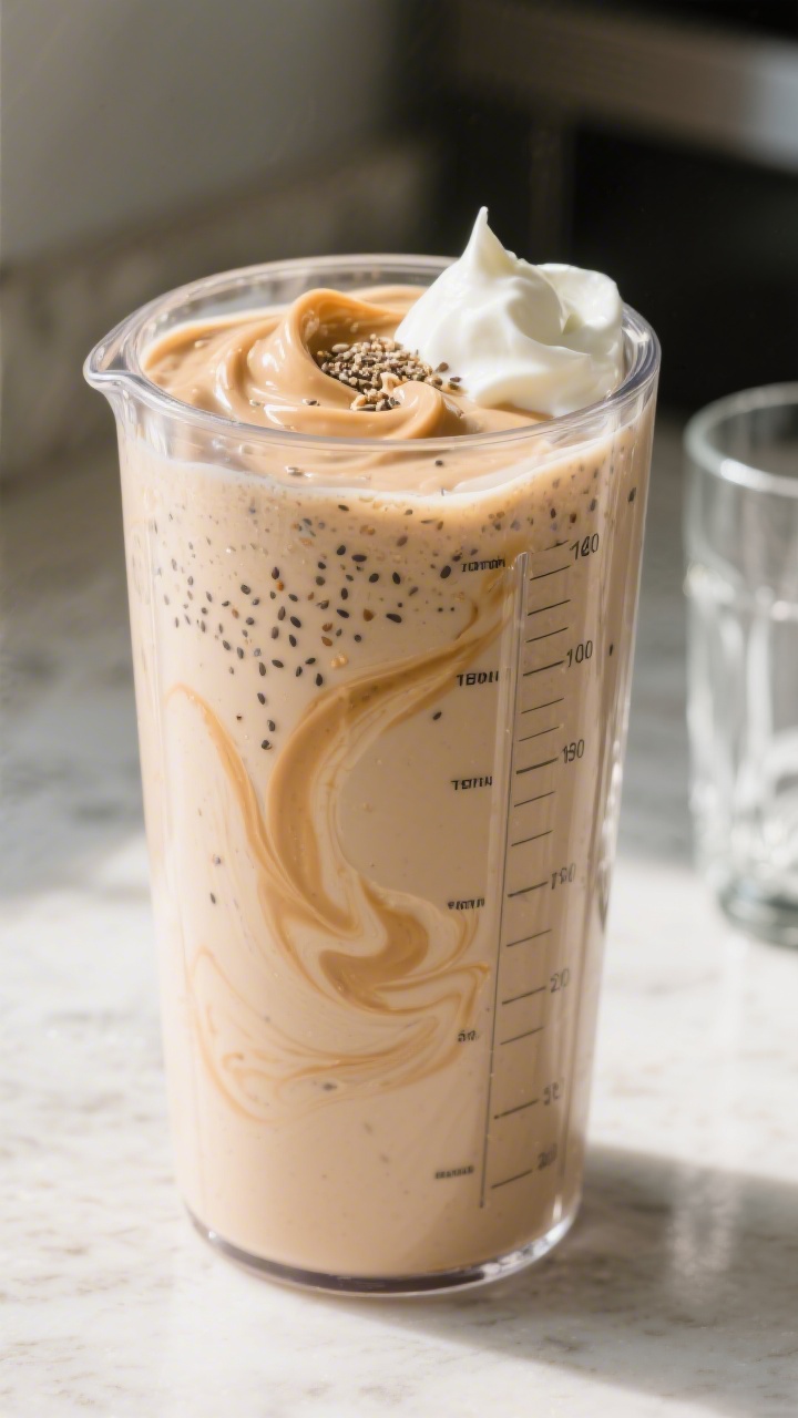 Close-up, process-focused shot of the shake mid-blend in a clear blender jar: silky, pale-tan mixtur