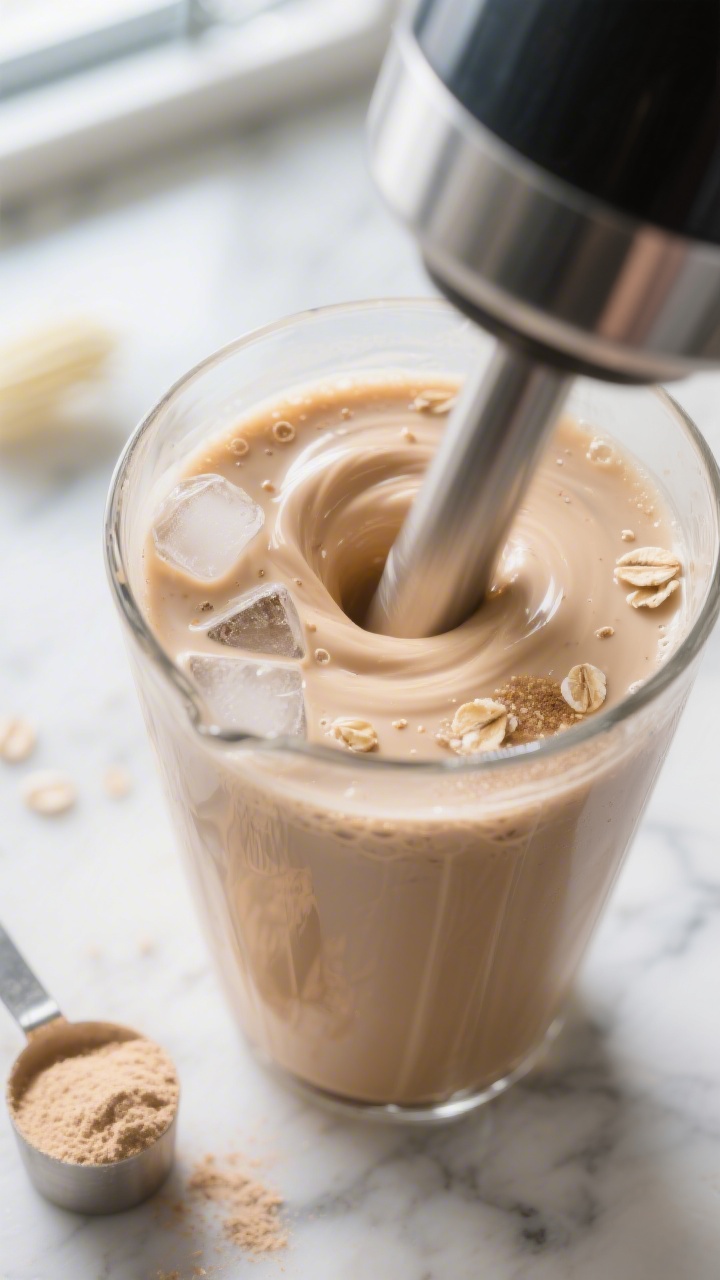 Close-up process shot: A high-speed blender jar mid-whirl blending a creamy vanilla coffee protein s