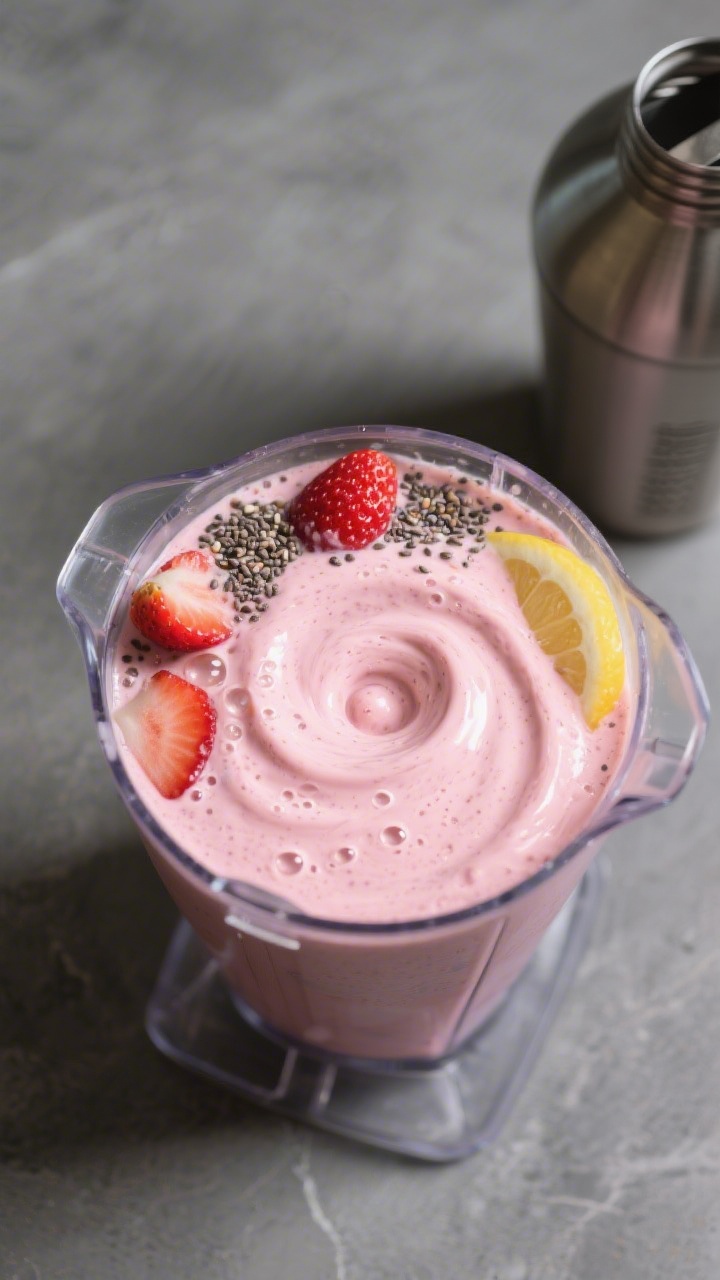 Close-up process shot of a blender jar mid-swirl showing the vortex as the shake transitions from ch