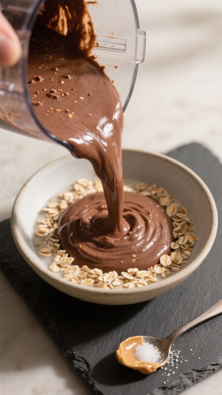 Close-up process shot of the blended base being poured from a blender into a bowl, capturing the ric