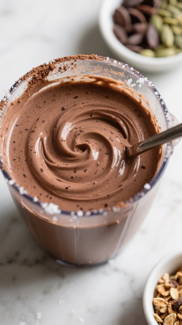 Close-up process shot of the finished smoothie base mid-swirl in a blender jar, showing ultra-thick,