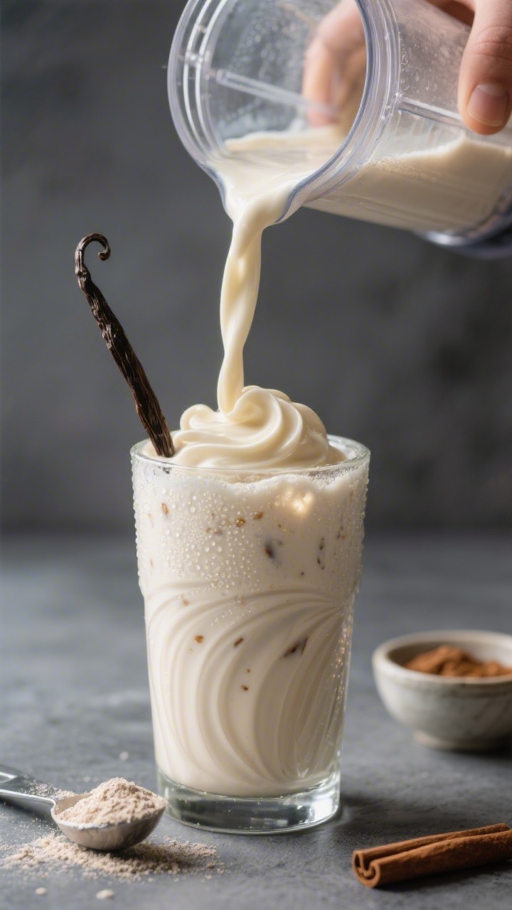 Close-up process shot of the shake mid-blend being poured from a blender jar into a highball glass, 