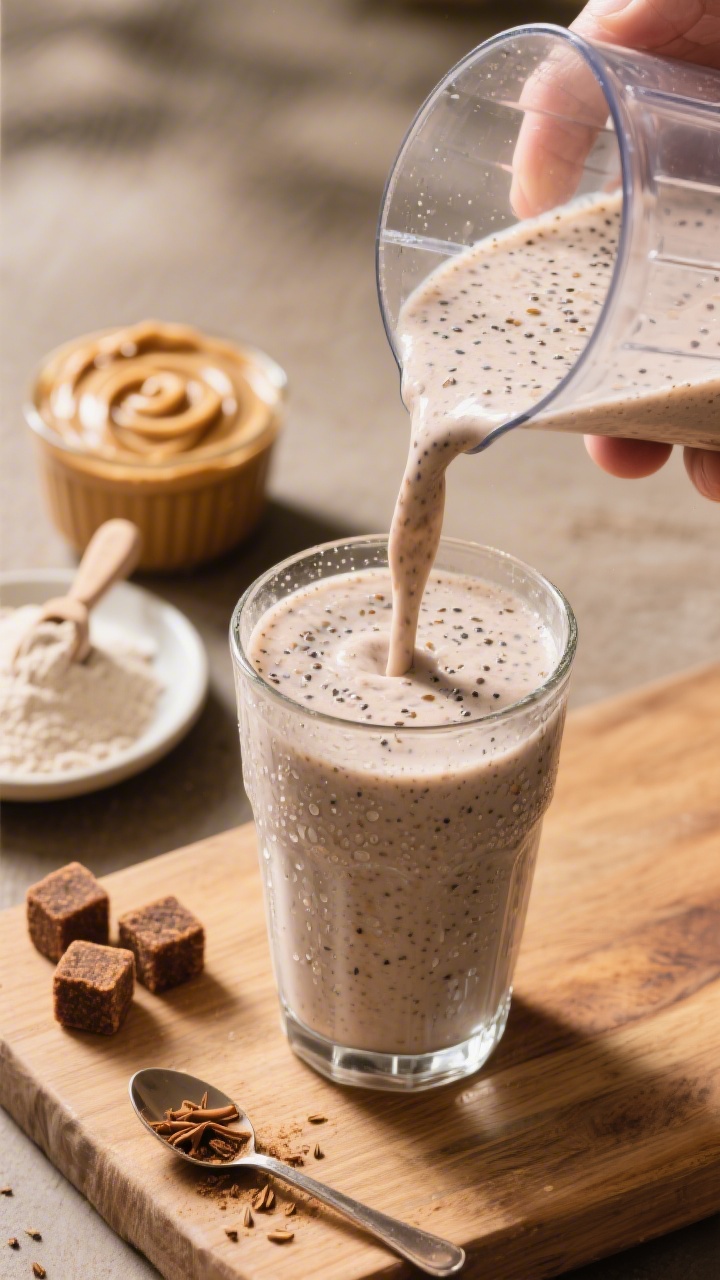Close-up process shot of the smoothie mid-pour from blender into a chilled glass, capturing the velv