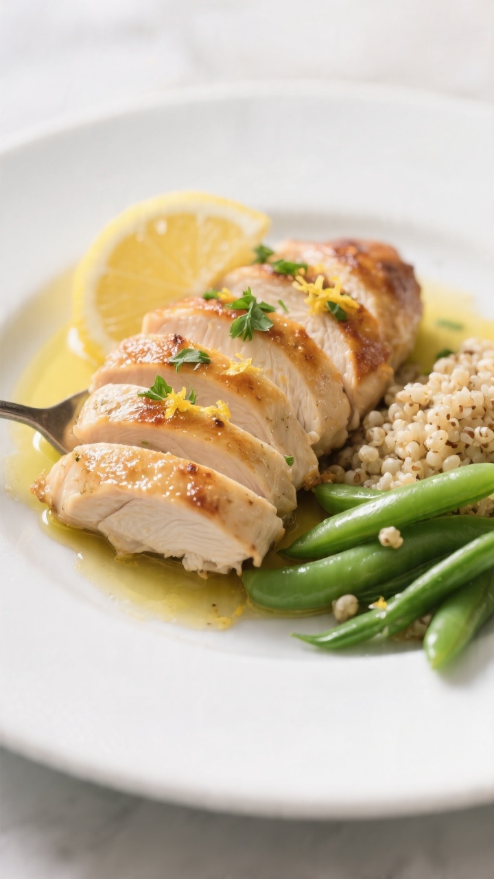 Close-up, shallow depth-of-field plate presentation of sliced baked chicken breast fanned against th