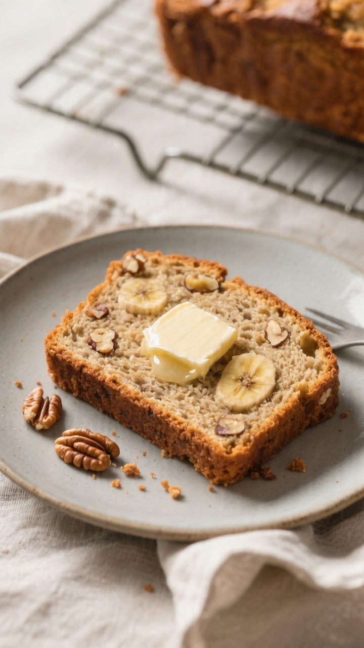 Close-up slice-and-serve scene: a thick, warm slice of gluten-free banana bread on a matte ceramic p