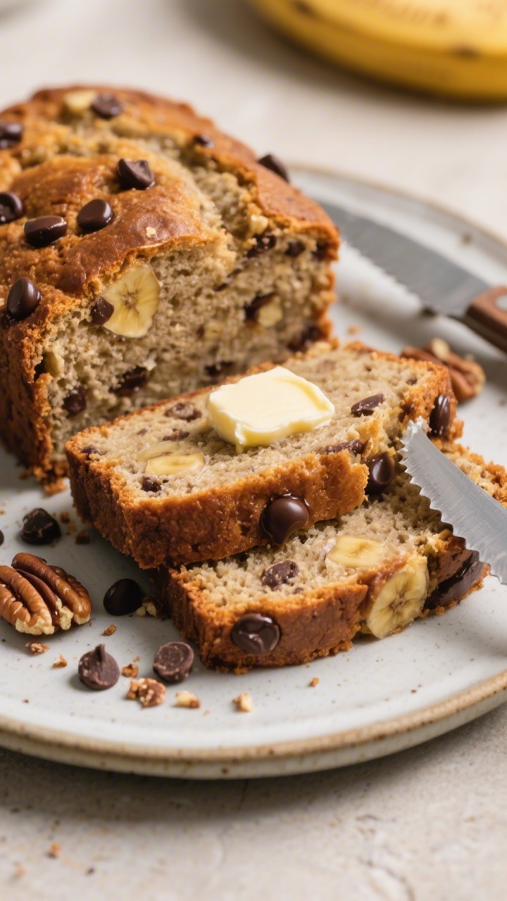 Close-up slice-and-serve scene of the gluten-free banana bread on a small ceramic plate, two thick s