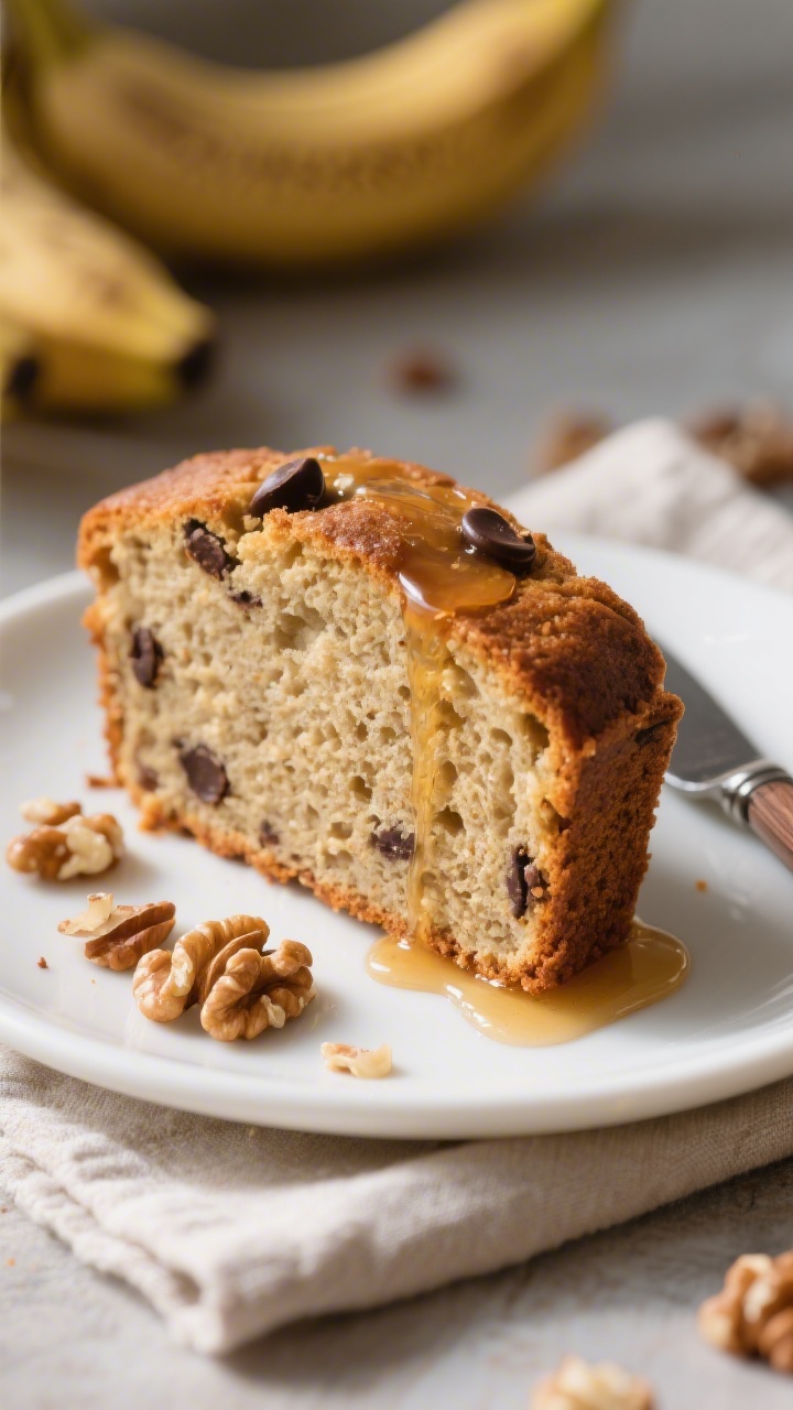 Close-up slice shot of the super moist banana bread on a simple white plate, showcasing the tender, 