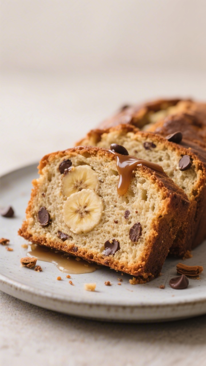 Close-up, three-quarter angle of a thick slice of the banana bread on a small matte ceramic plate, t