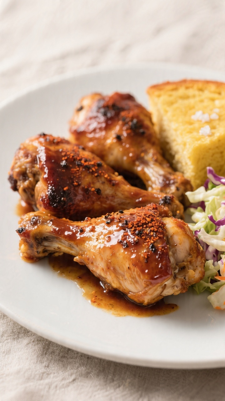 Close-up, three-quarter angle of beautifully plated BBQ chicken thighs, skin-on, lacquered with a sh