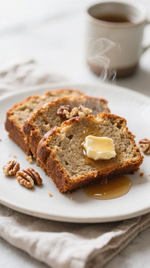 Close-up three-quarter angle of plated slices of gluten-free banana bread served warm on a matte whi