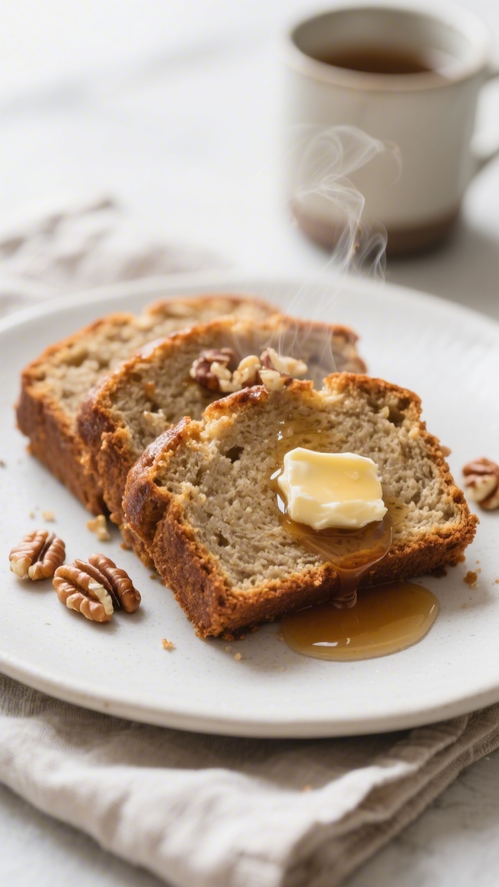 Close-up three-quarter angle of plated slices of gluten-free banana bread served warm on a matte whi