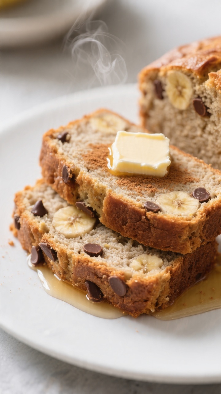Close-up, three-quarter angle of sliced gluten-free banana bread on a matte white plate: two thick s