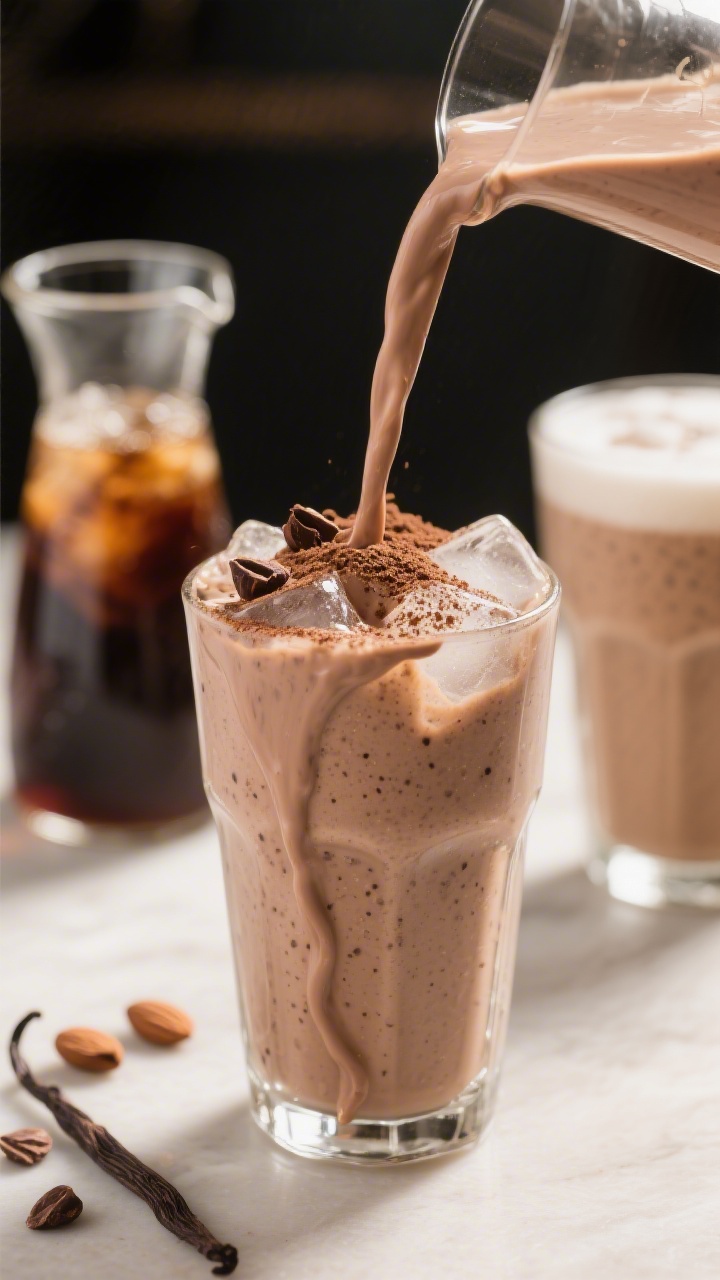 Close-up, three-quarter angle of the smoothie mid-pour into a tall glass, capturing the silky, poura