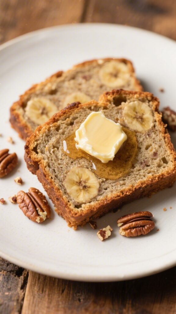 Close-up, three-quarter angle of two thick slices of gluten-free banana bread served on a matte whit