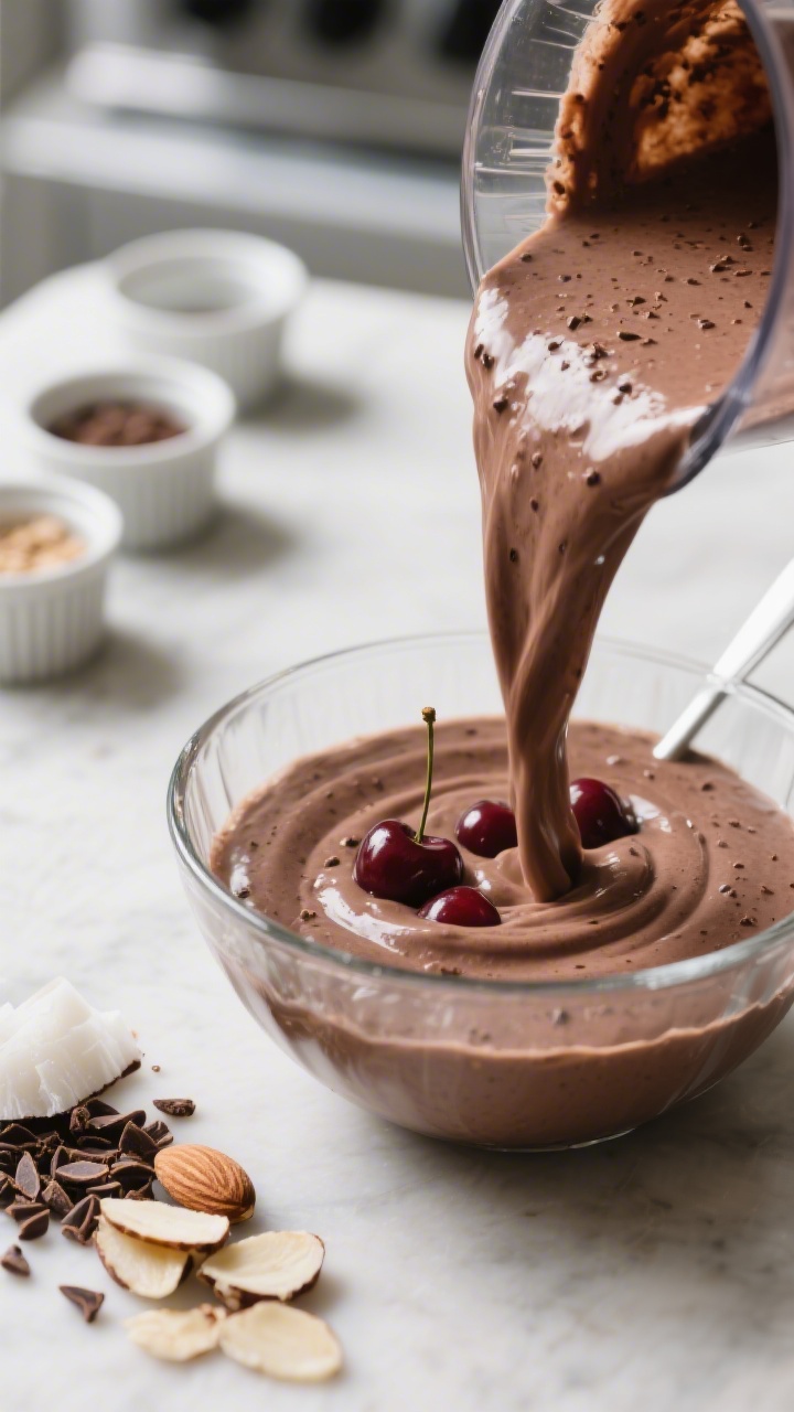 Close-up, three-quarter angle process shot of the smoothie base being poured from a blender into a f