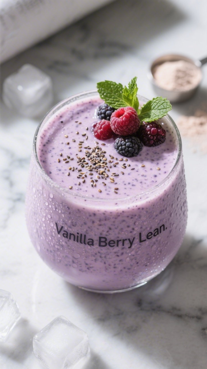 Close-up, top-down detail of a “Vanilla Berry Lean” protein shake in a low, wide glass, thick an
