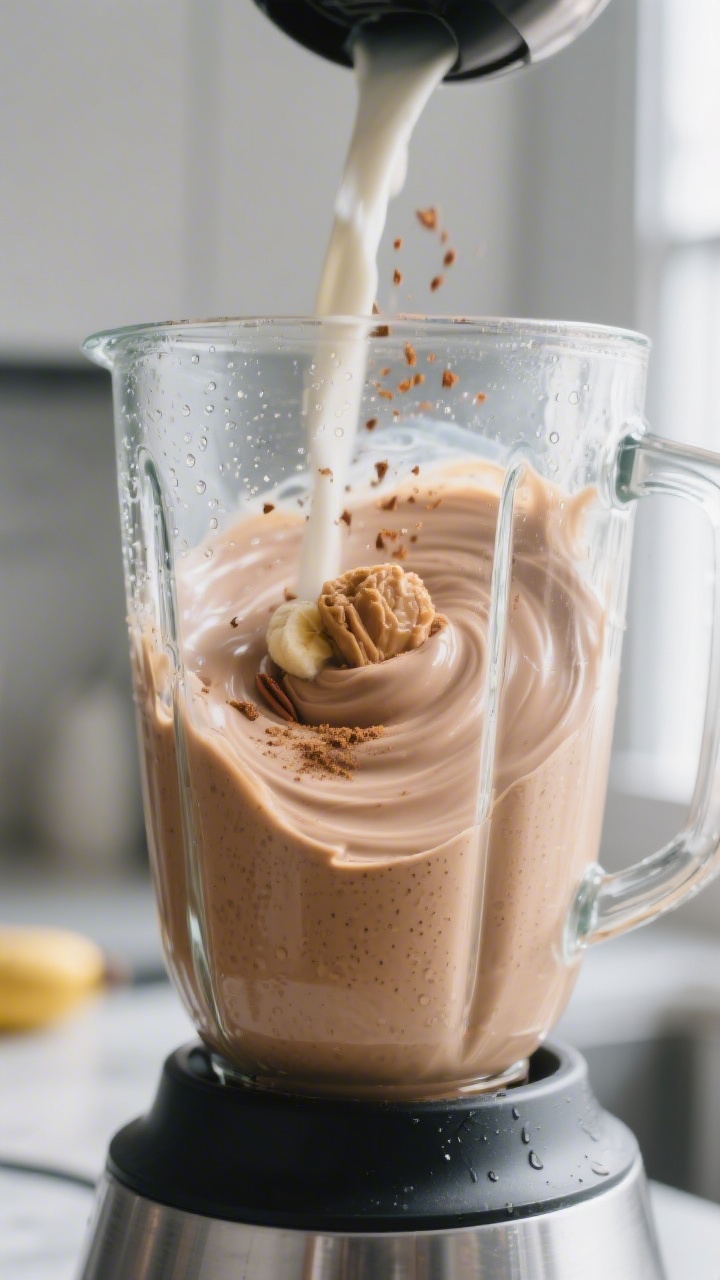 Cooking process: A high-contrast, close-up shot of a blender jar mid-blend with the Creamy Coffee Ba
