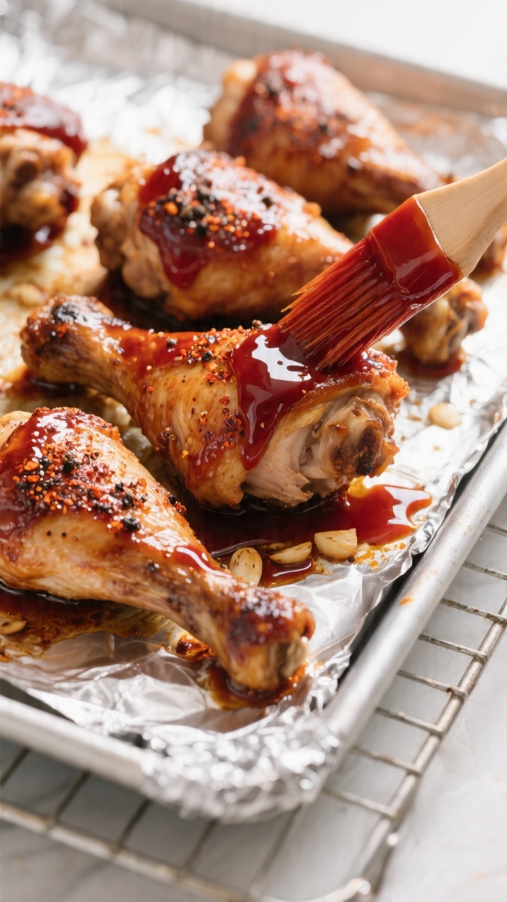 Cooking process, close-up detail: Close-up of oven-baked BBQ chicken thighs and drumsticks on a foil