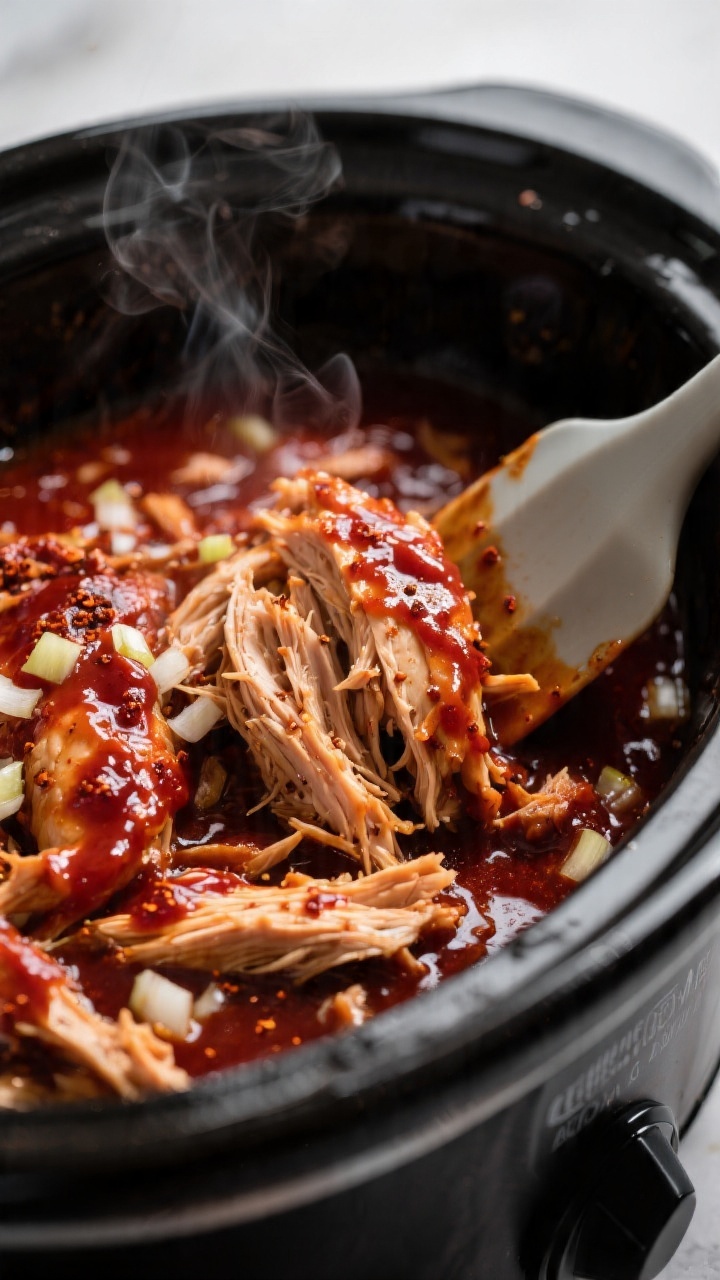 Cooking process, close-up detail: Shredded BBQ chicken just returned to the slow cooker, glistening 