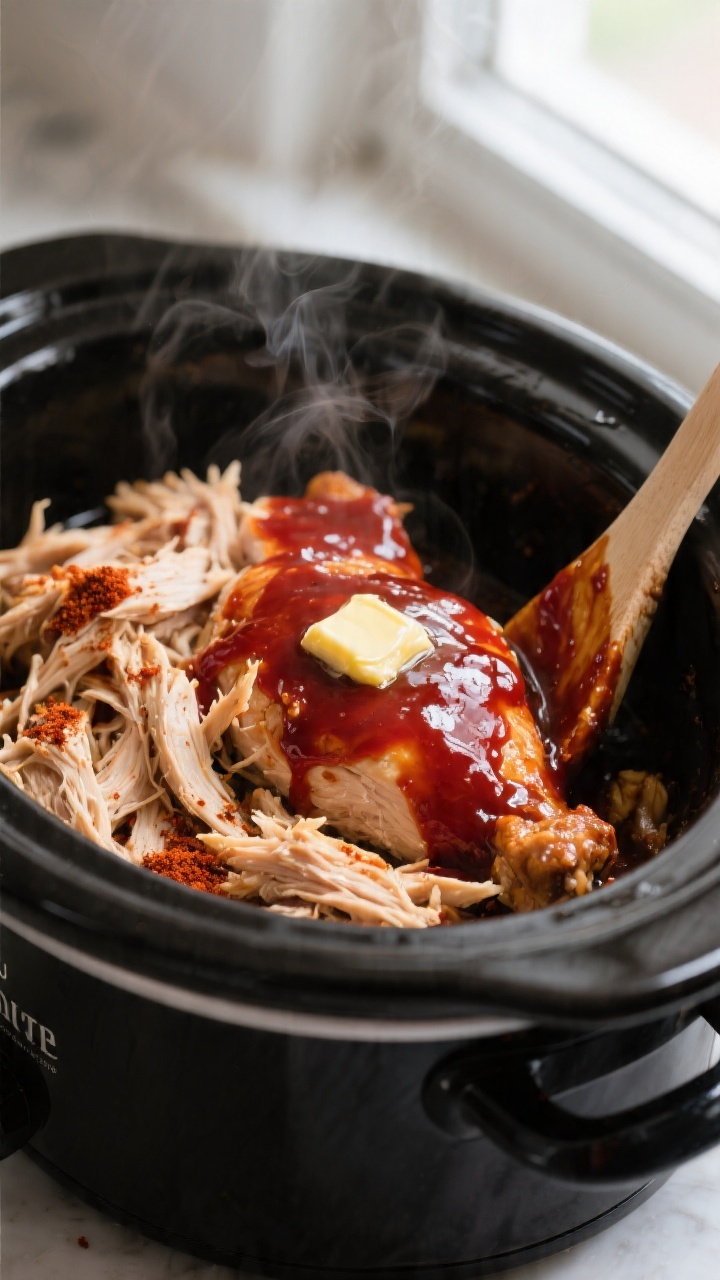 Cooking process, close-up detail: Slow cooker BBQ chicken mid-simmer in a crockpot, shredded chicken