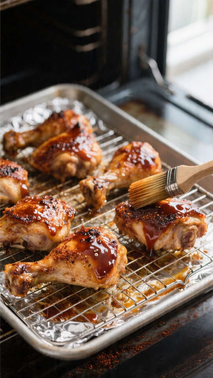 Cooking process close-up: Glazed oven-roasted BBQ chicken thighs and drumsticks on a wire rack over