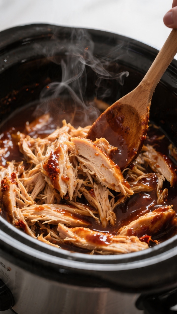 Cooking process close-up: Shredded crockpot BBQ chicken just returned to the slow cooker and glisten