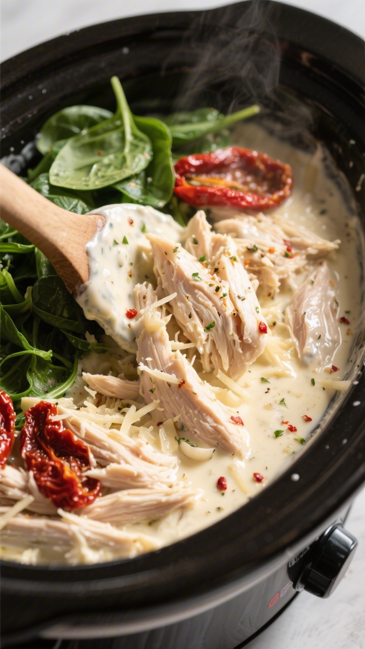 Cooking process close-up: Shredded slow-cooked chicken being folded back into a silky cream cheese a