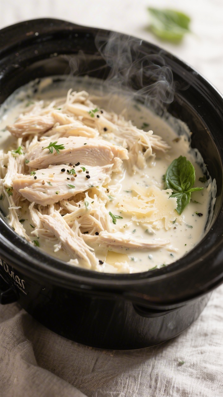 Cooking process close-up: Slow cooker filled with tender shredded Italian cream cheese chicken bathe
