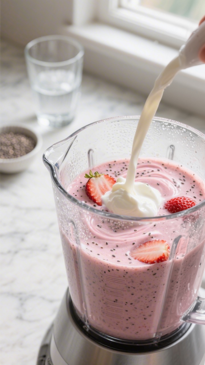 Cooking process close-up: Strawberry banana smoothie blending to a silky, creamy texture in a high-s