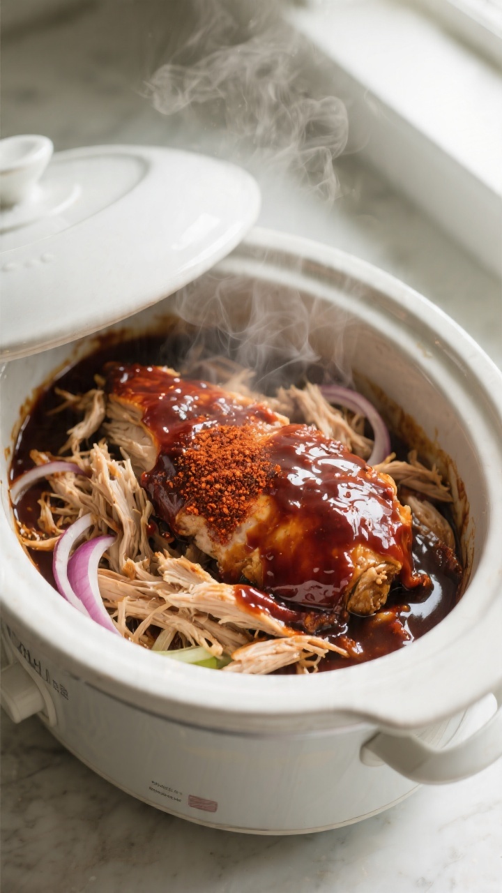 Cooking process close-up: Tender shredded BBQ chicken just returned to the crockpot, glistening and 