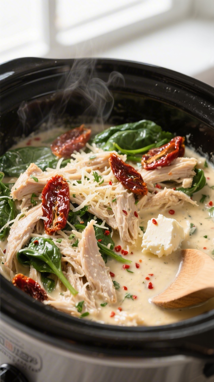 Cooking process close-up: Tender slow-cooked shredded chicken in a crockpot bathed in a glossy, velv