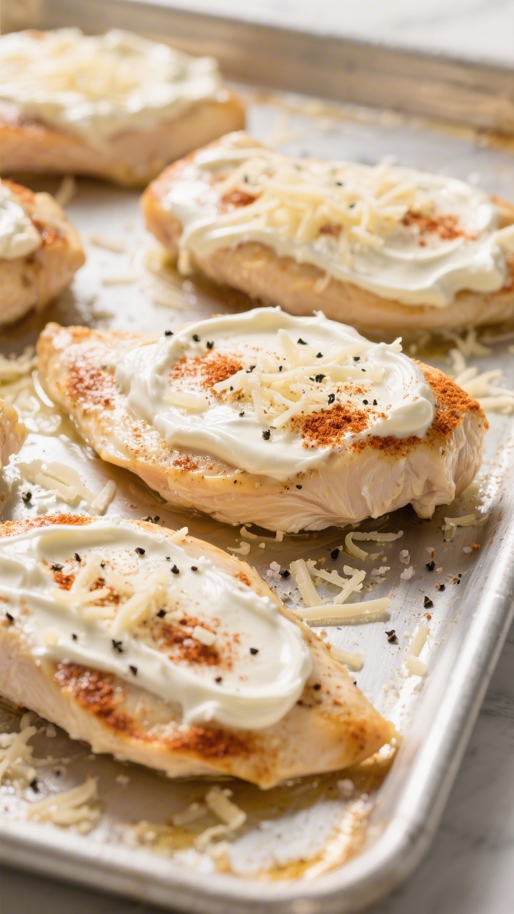 Cooking process: Evenly coated chicken breasts on an oiled sheet pan just before baking, thick, smoo