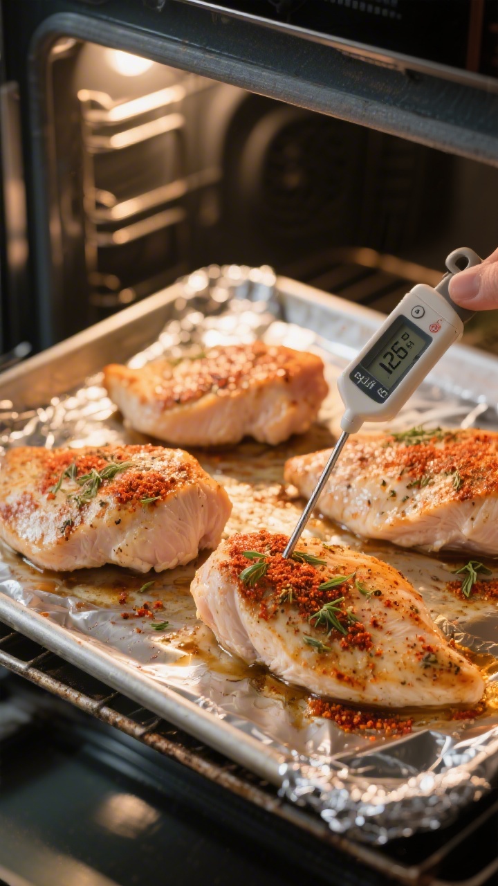 Cooking process: Evenly seasoned chicken breasts on a foil-lined baking sheet spaced apart, photogra