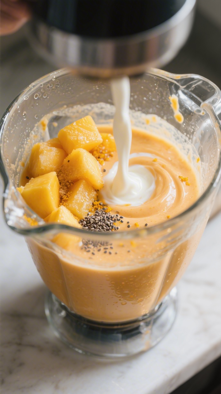 Cooking process: High-speed blender in action blending a thick, creamy mango smoothie base—frozen 