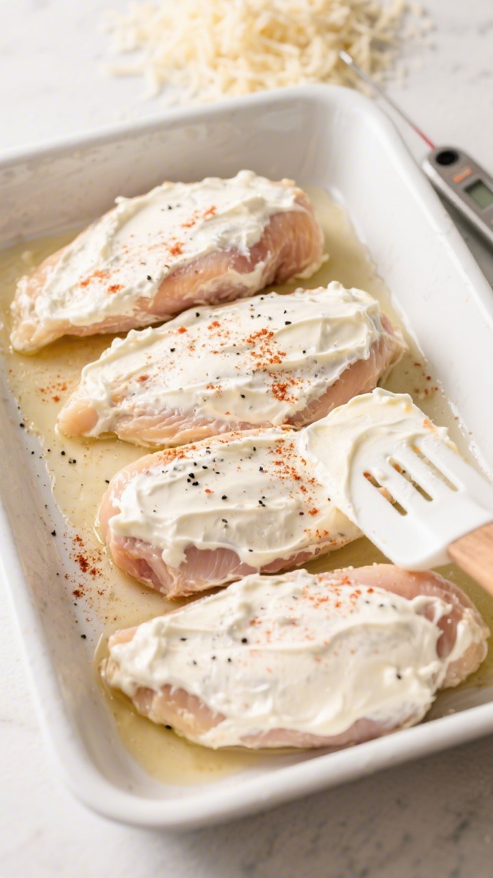 Cooking process: Overhead shot of evenly pounded chicken breasts in a lightly oiled baking dish, alr