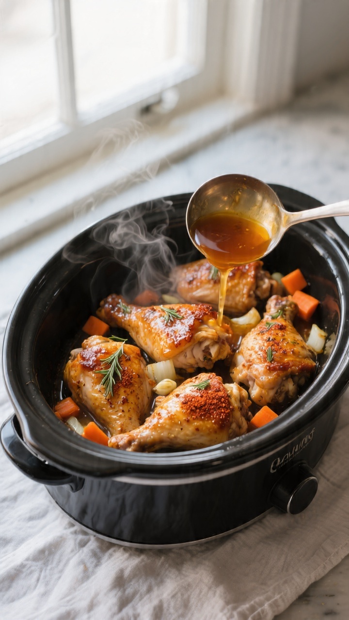 Cooking process, overhead: Slow cooker filled with seasoned, fully cooked chicken thighs nestled in 