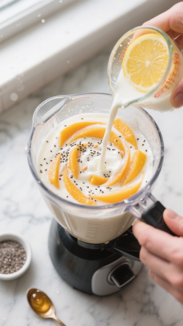 Cooking process shot: Overhead view of a high-speed blender mid-blend, swirling thick, silky frozen 