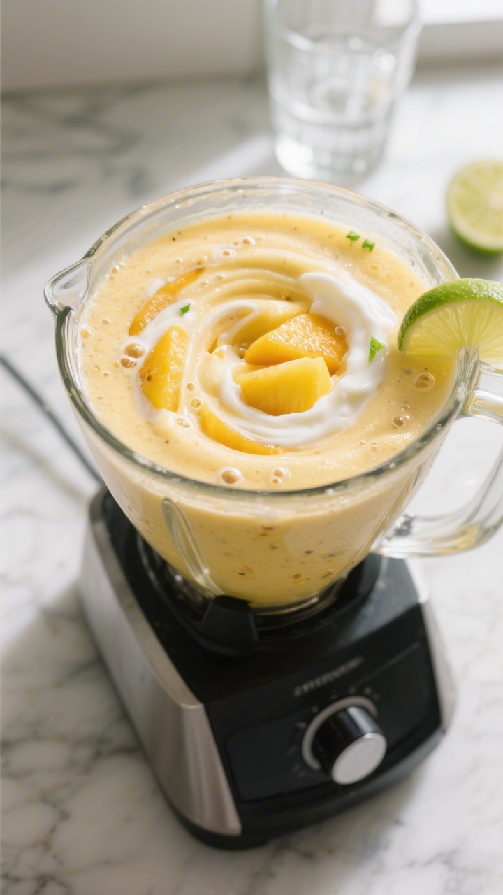 Cooking process — smoothie being blended: Close-up of a high-speed blender mid-blend with a thick,