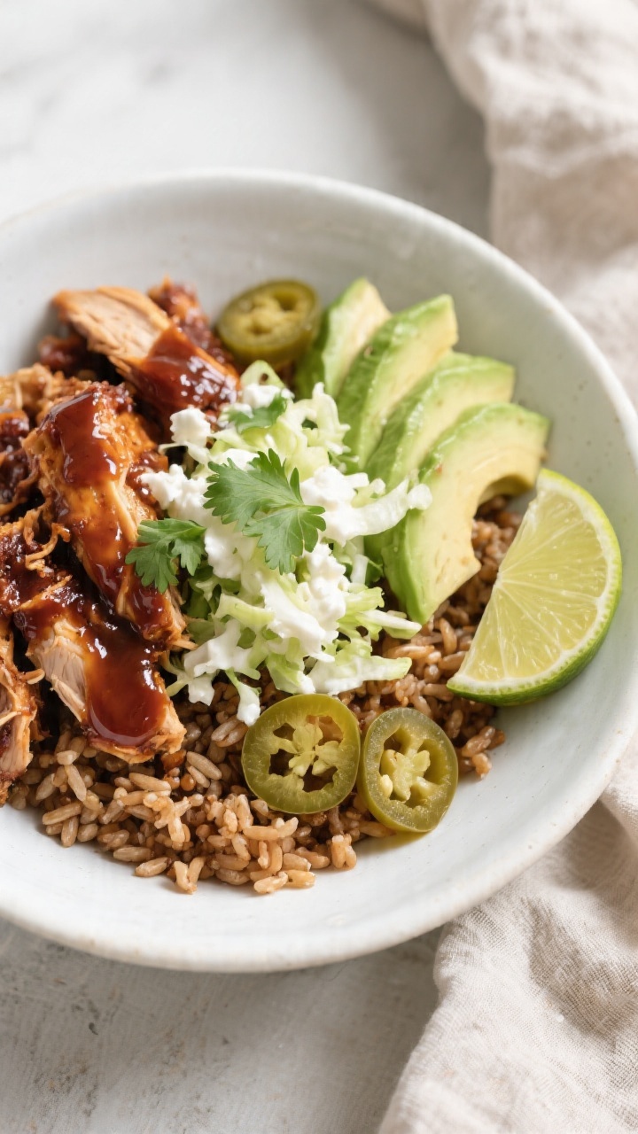 Final dish overhead: Healthy BBQ chicken grain bowl artfully arranged—saucy shredded BBQ chicken p