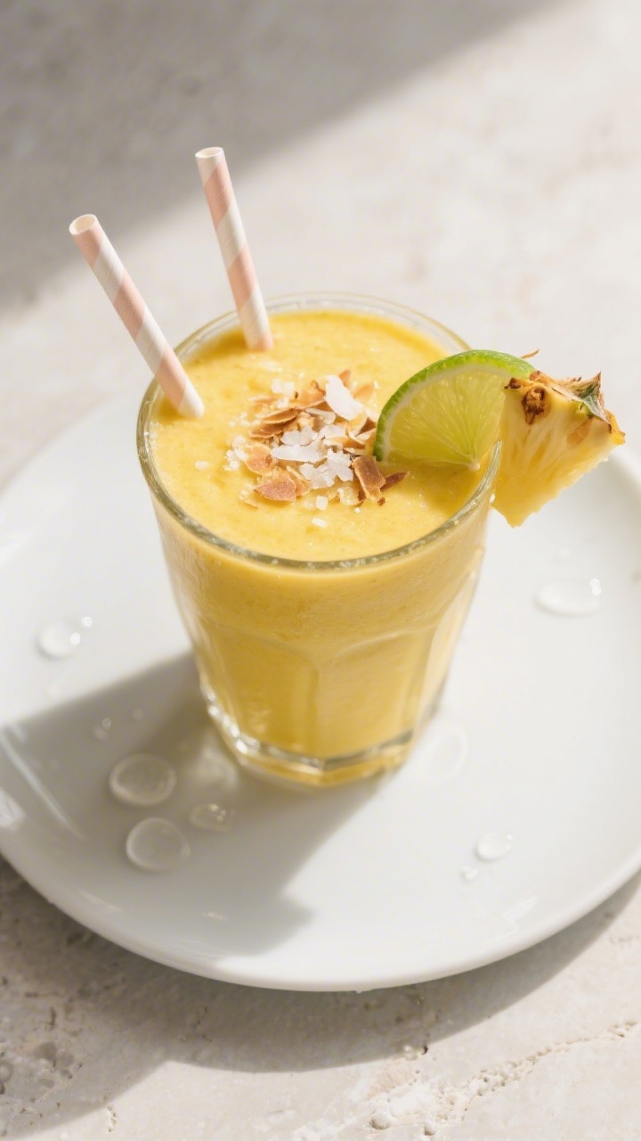 Final dish — overhead presentation: Tasty top-down shot of the finished mango pineapple smoothie p