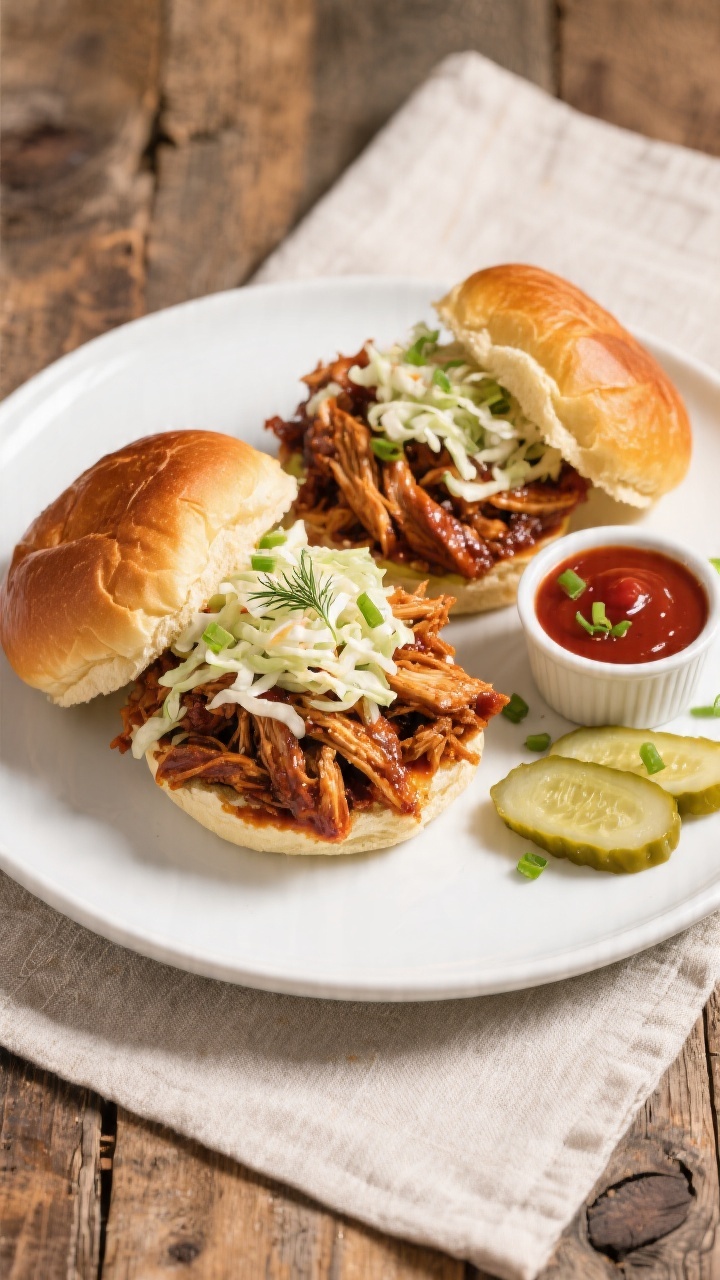 Final dish, overhead top view: Pulled BBQ chicken sandwiches on toasted brioche buns, generously pil