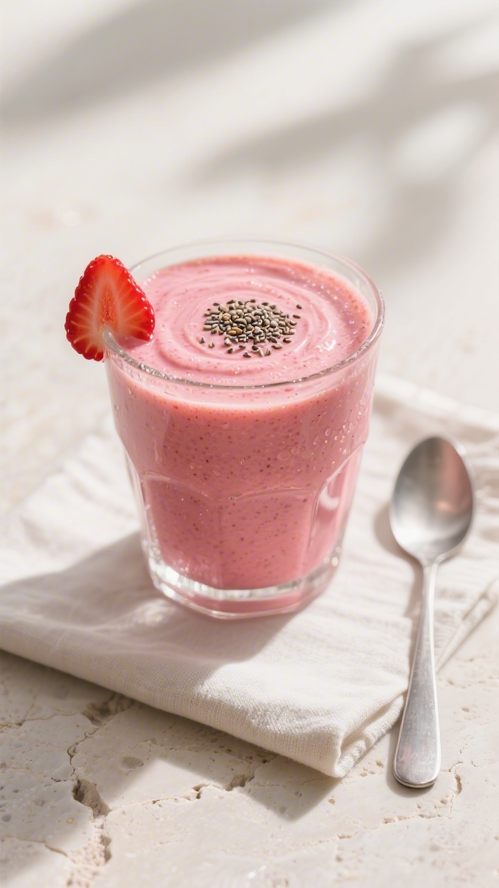 Final dish overhead: Vibrant strawberry banana smoothie poured into a chilled clear glass, top crown
