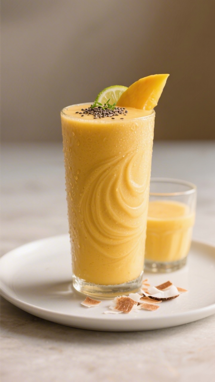 Final dish presentation: Close-up beauty shot of a tall chilled glass filled with a lush, ultra-smoo