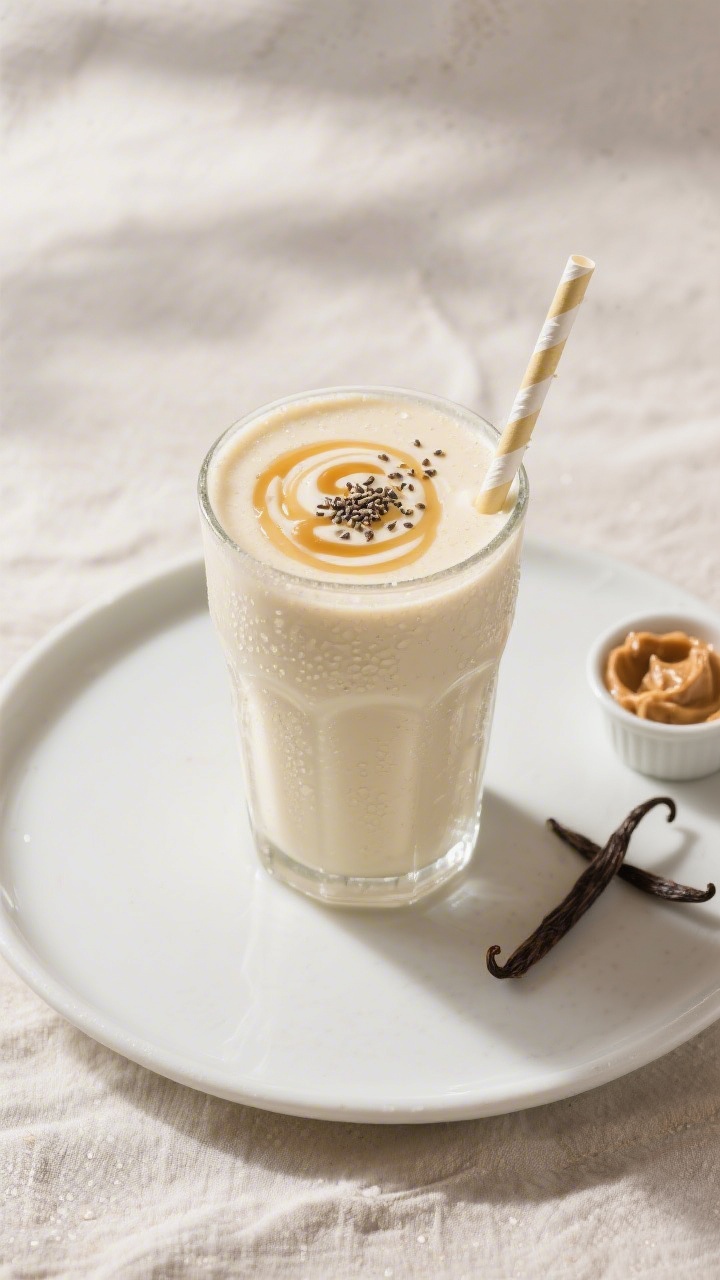 Final dish, tasty top view: Overhead shot of a poured creamy vanilla protein smoothie in a tall, fro