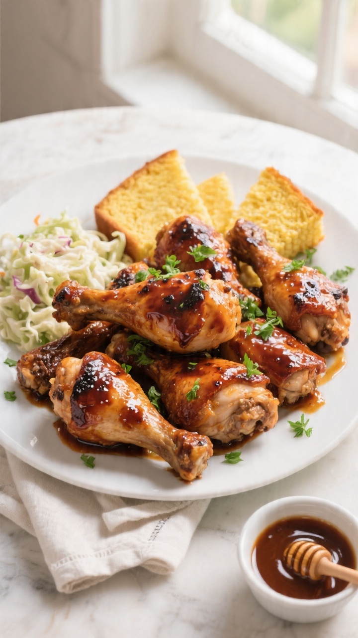 Final dish, tasty top view: Overhead shot of finished oven BBQ chicken (thighs and drumsticks) piled