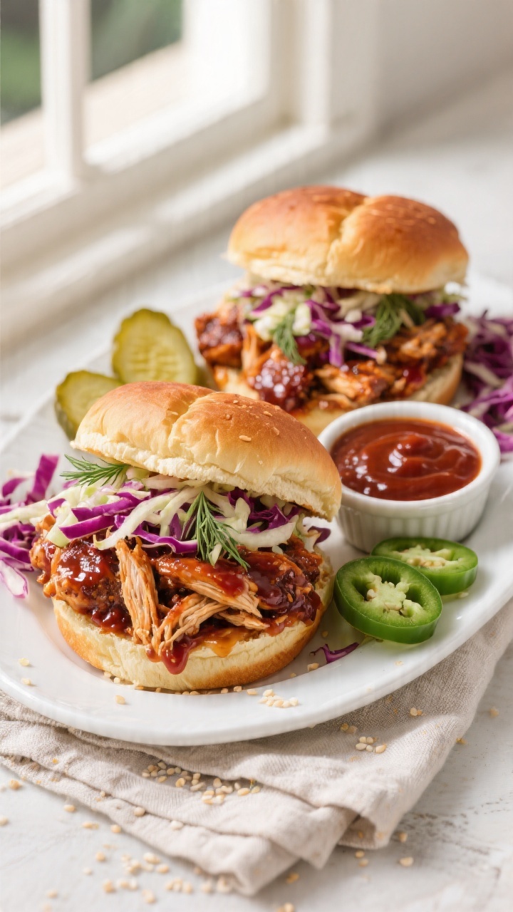 Final dish, tasty top view: Overhead shot of loaded BBQ chicken sandwiches on toasted brioche buns, 