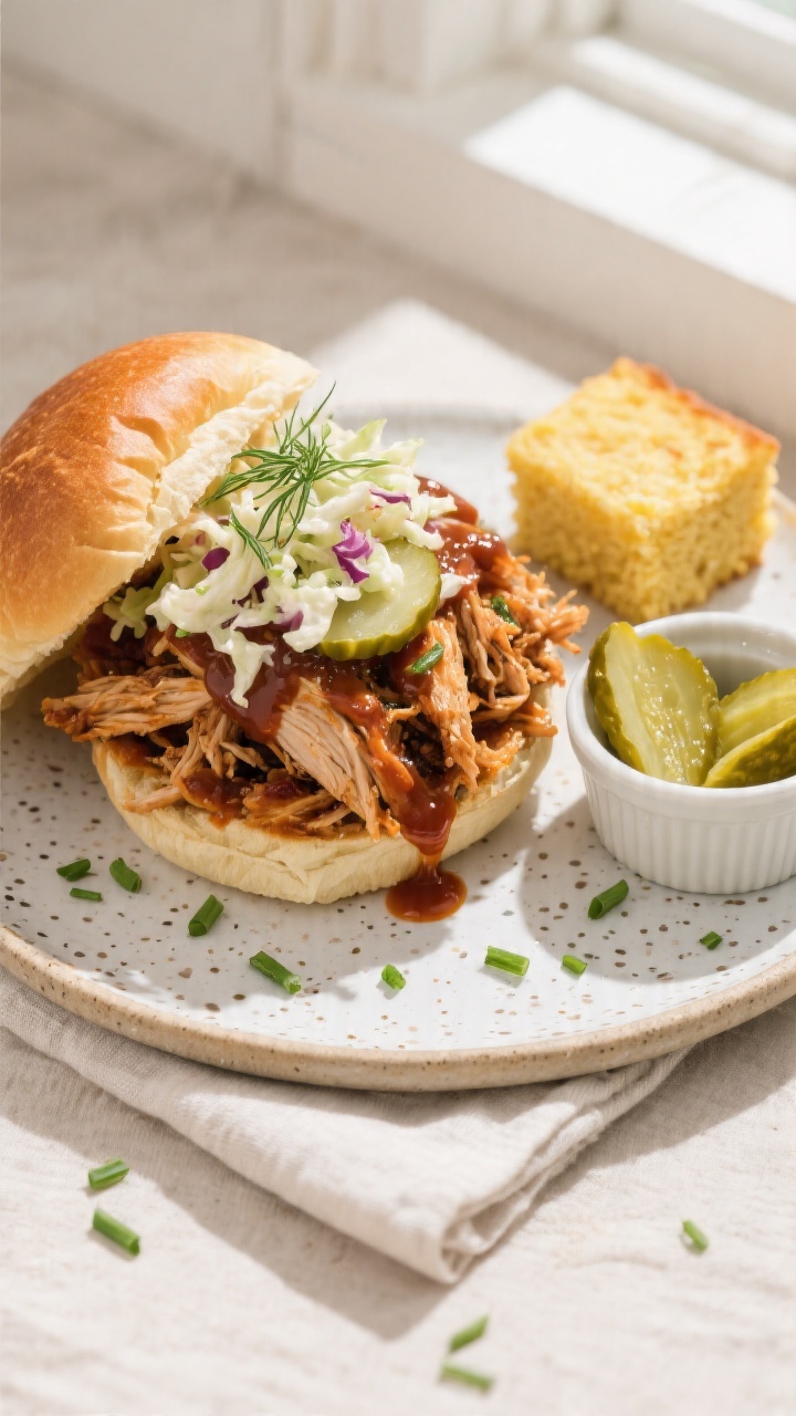 Final dish, tasty top view: Overhead shot of loaded BBQ pulled chicken sandwich on a toasted brioche