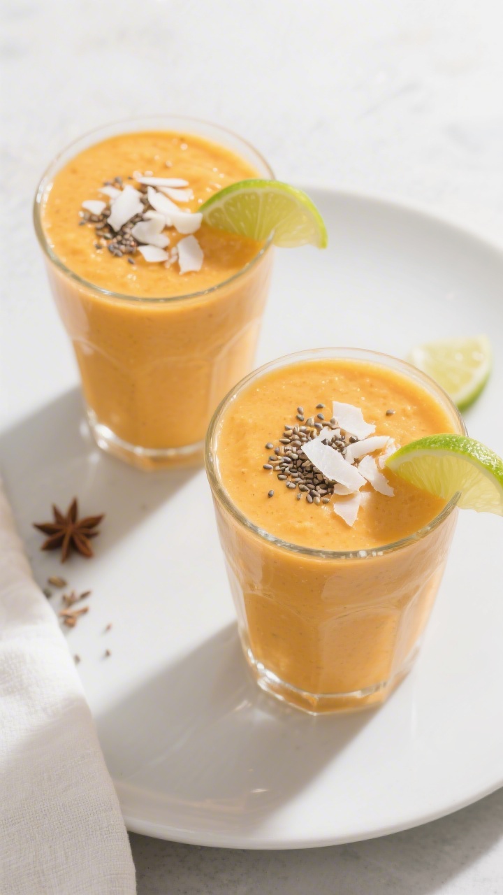 Final dish, tasty top view: Overhead shot of two chilled glasses filled with a vibrant, thick mango 