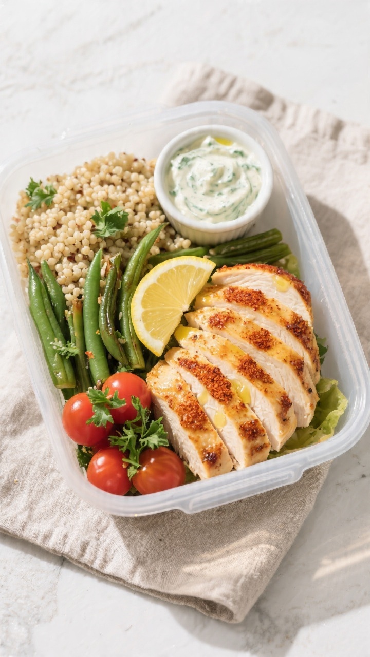 Final dish/top view meal prep: Overhead shot of sliced baked chicken breast fanned against the grain